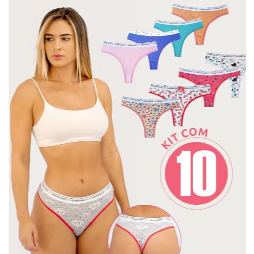 Kit 10 Calcinhas Microfibra Confort Tanga Fio dental Cós Exposto Lisa / Estampada