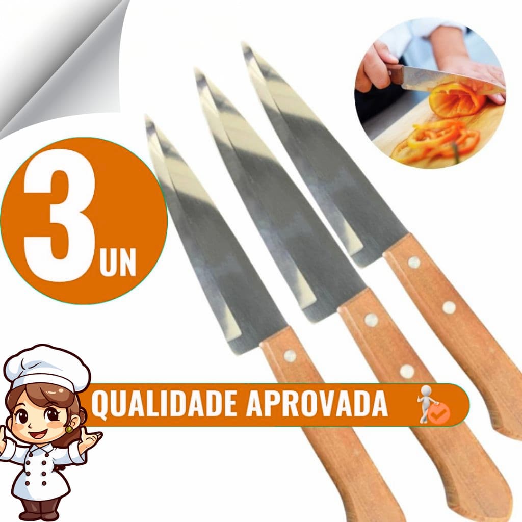 KIT DE 3 FACAS DE CARNE LEGUMES PEIXEIRA DE INOX 27,8cm CABO MADEIRA