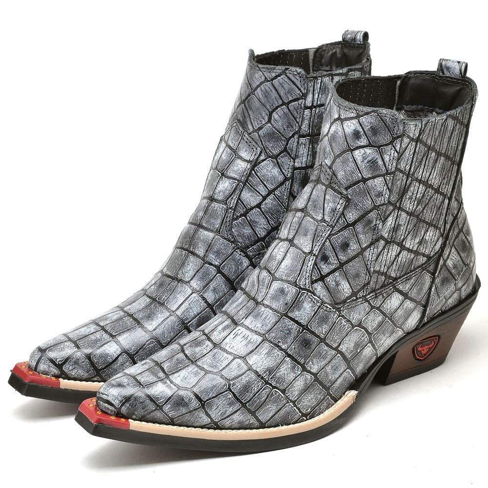 Botina Bota Butina Cinza Jacaré Masculina Country Solado Crocodilo Costurado Estilo Resistência