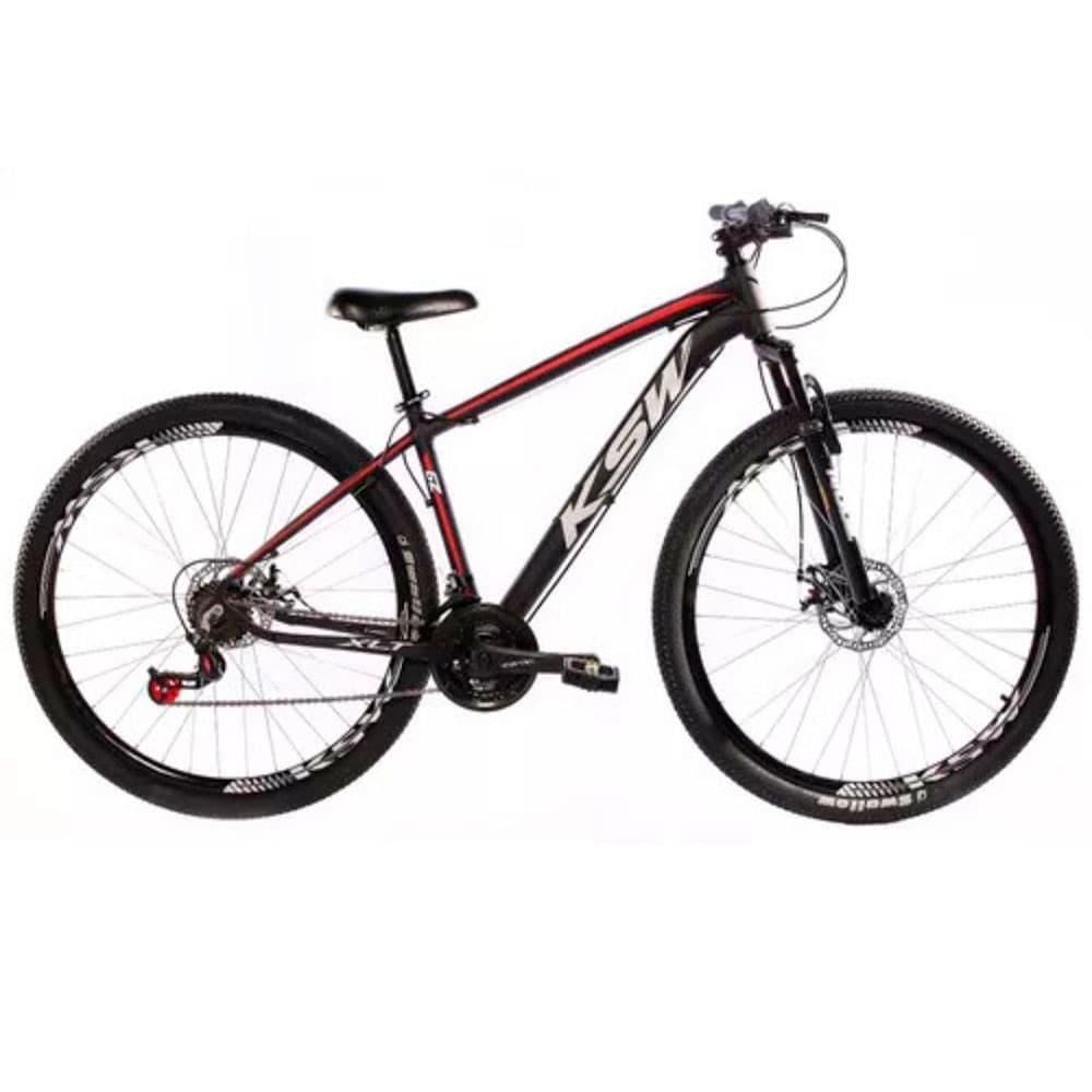BICICLETA ALUMÍNIO ARO 29 KSW 24V SHIMANO COM SUSPENSAO E FREIO A DISCO TAMANHO 17 PRETO VERMELHO E BRANCO