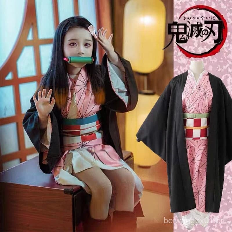 Fantasia de Cosplay de Anime Demon Slayer Kimetsu No Yaiba Kamado Nezuko Halloween para Meninas 9L7D