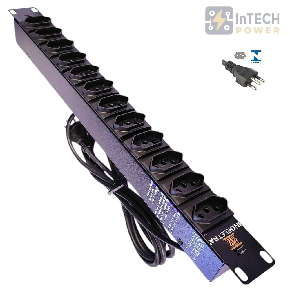 RÉGUA PADRÃO RACK 19 POL. 1U 12 TOMADAS RETAS ATÉ 10 AMPERES - 127/220V - CABO 3,0M - PRETO