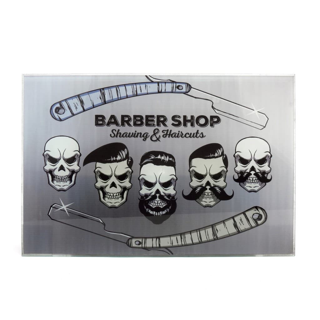 Quadro Modelo Barbearia Barber Shop Vidro Cinza Caveira 30cm