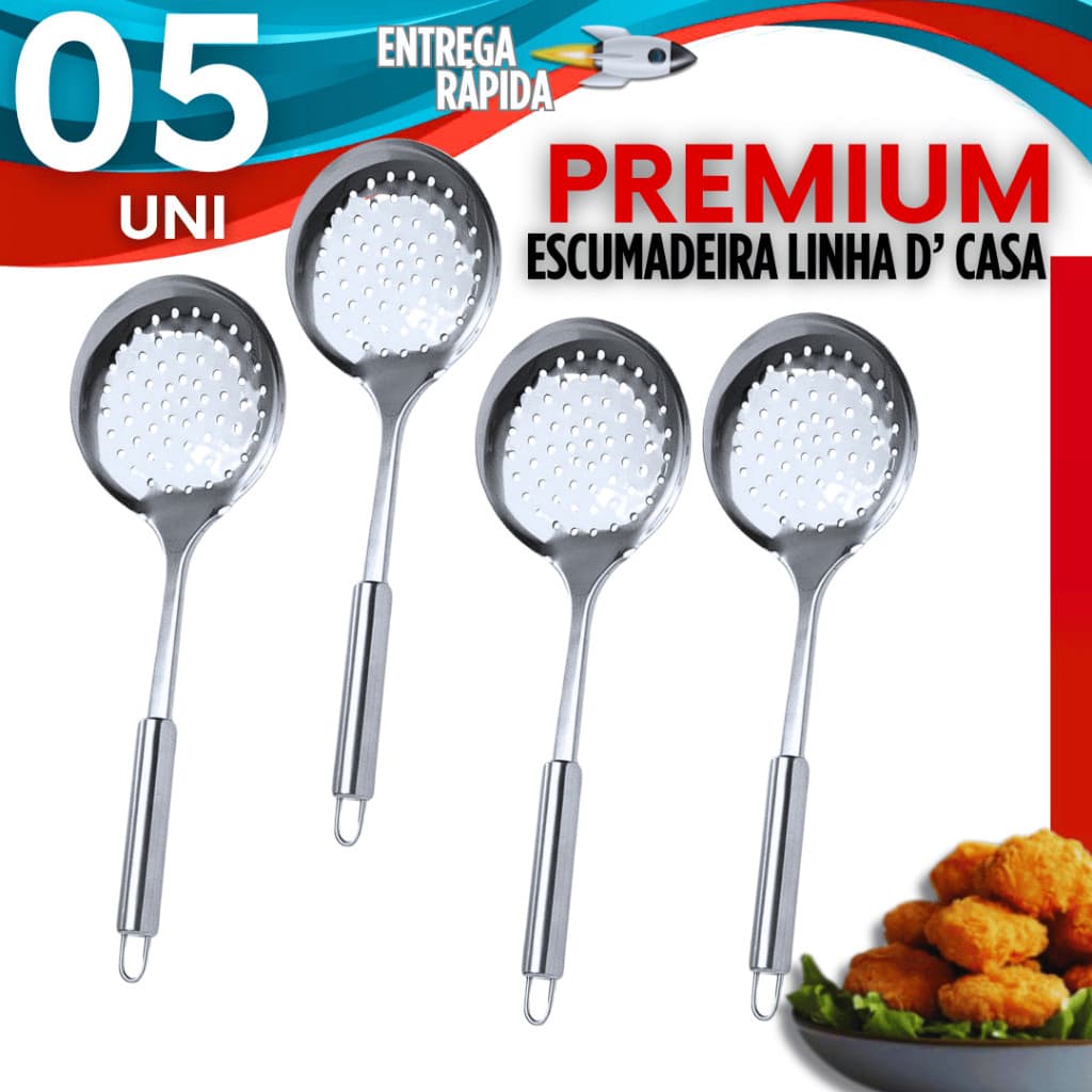 Kit Escumadeira Escumadeiras com Furo Para Fritura Linha Premium Alta Qualidade Aço Inox Cozinha