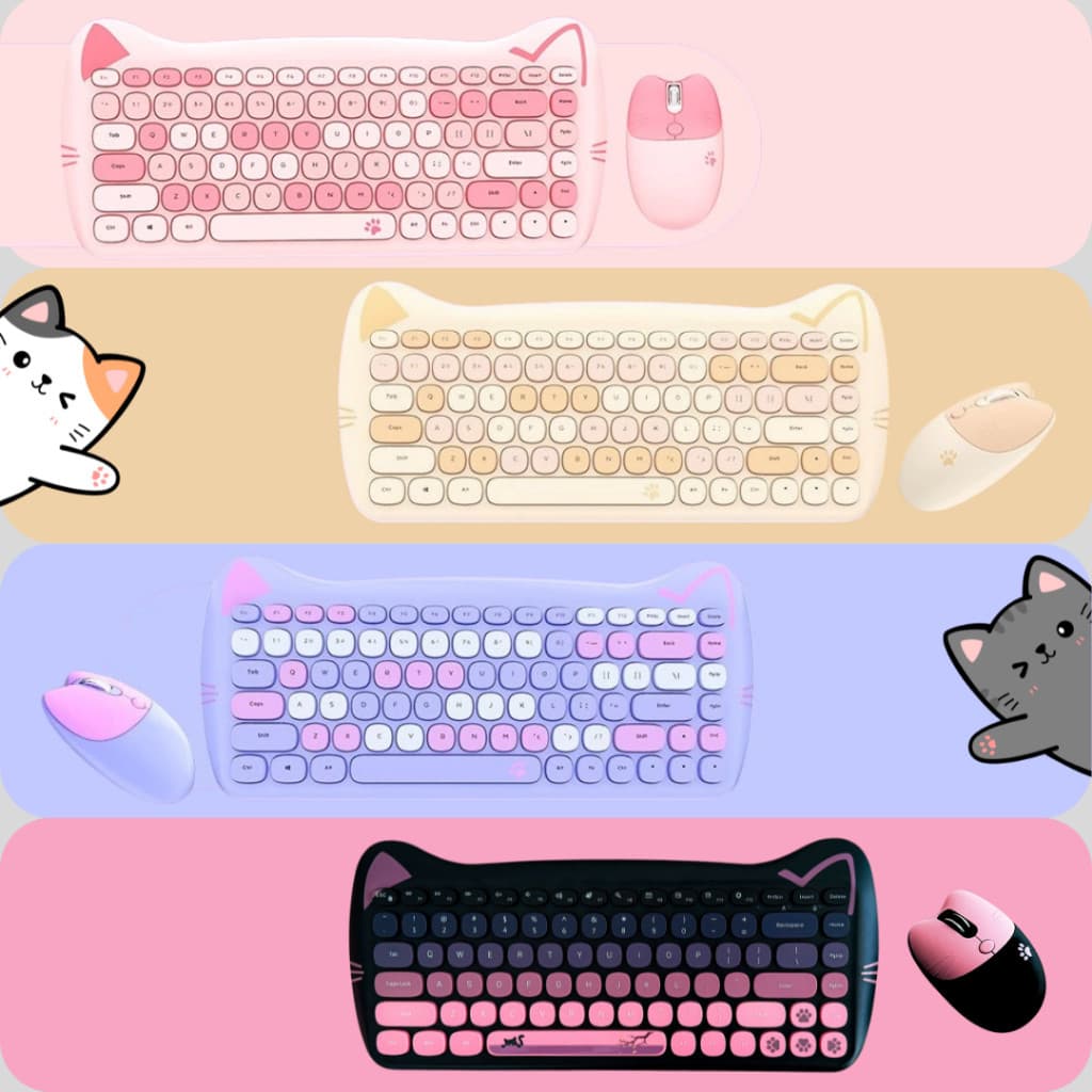 Conjunto temático de teclado e mouse sem fio com tema de gato, em um lindo tom de rosa fofo e de tamanho grande.