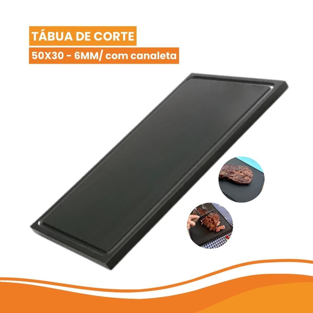 Tabua De Corte Preta 50x30 6MM Canaleta Antibacteriana Polietileno Carnes Legumes