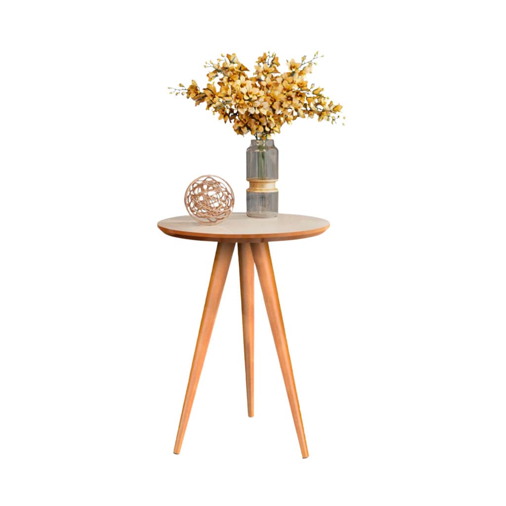 Mesa De Apoio 70cm Estilo Retrô Vintage Redonda Com Pés Palito Decoração Sala Cor Off-White/Freijó