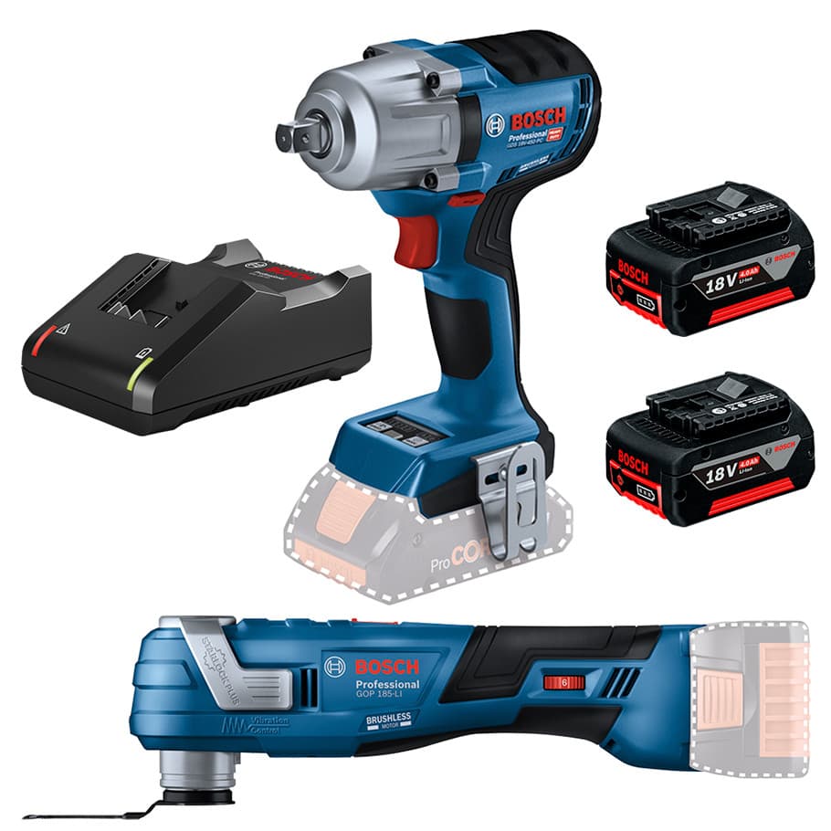 Kit Chave de Impacto 1/2" GDS 18V-450 PC + Multicortadora Oscilante GOP 185-LI + 2 Bateria 4Ah + Carregador Rápido Bosch