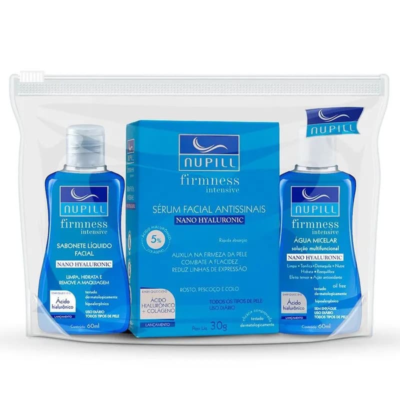 Kit Viagem Sabonete Líquido 60ml + Sérum Facial Nano Hyaluronic 30g + Água Micelar 60ml Nupill