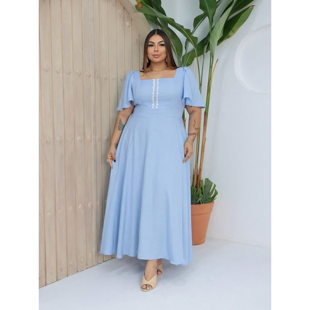 Vestido longo Luxo plus size duna liso manga curto