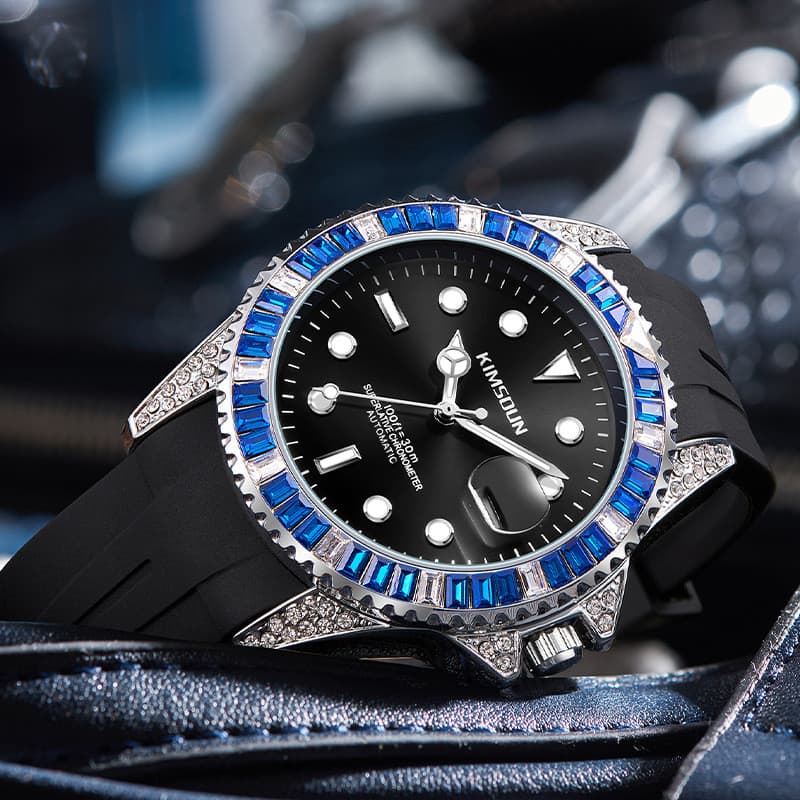 Novo estilo cravejado de diamantes preto água fantasma KIMSDUN relógio mecânico automático fita moda luminosa relógio ma