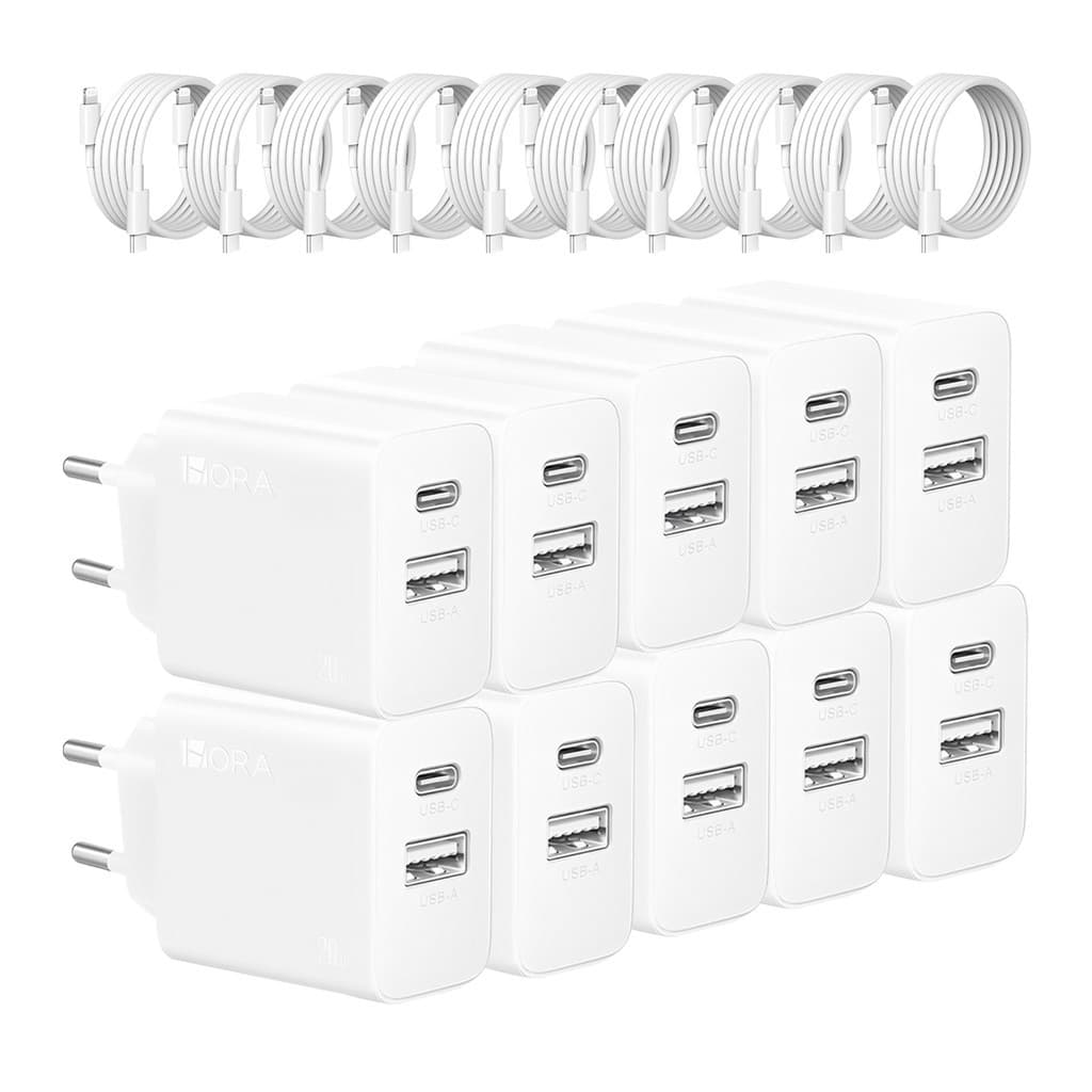 KIT 10X Carregador Usb 1Hora, Pd 20W Porta A/C + Cabo C/Lightning Branco
