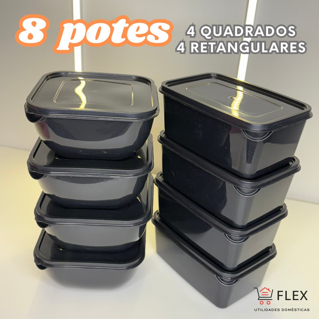 Kit com 8 Potes Plásticos – 4 Quadrados PRETO + 4 Retangulares | 1 Litro | BPA Free