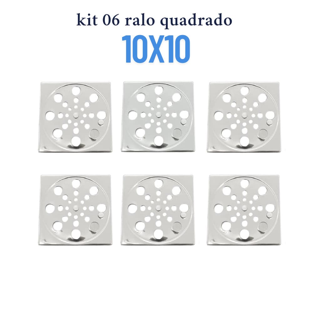 Kit 06 Ralo Grelha Quadrado 10x10cm Inox Abre Fecha Rotativo