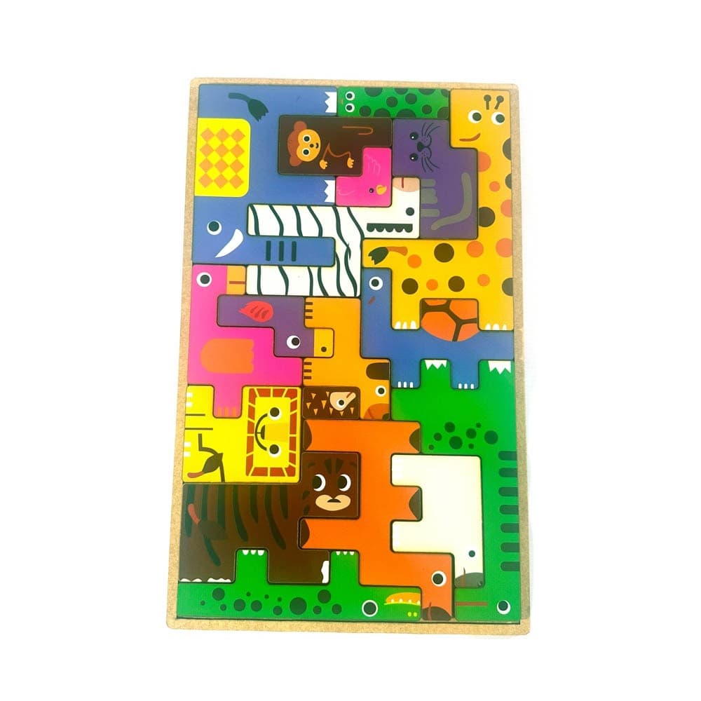 Jogo Tetris Safari Quebra-Cabeça Infantil Montessoriano com Animais Coloridos - 18 Peças Educativas
