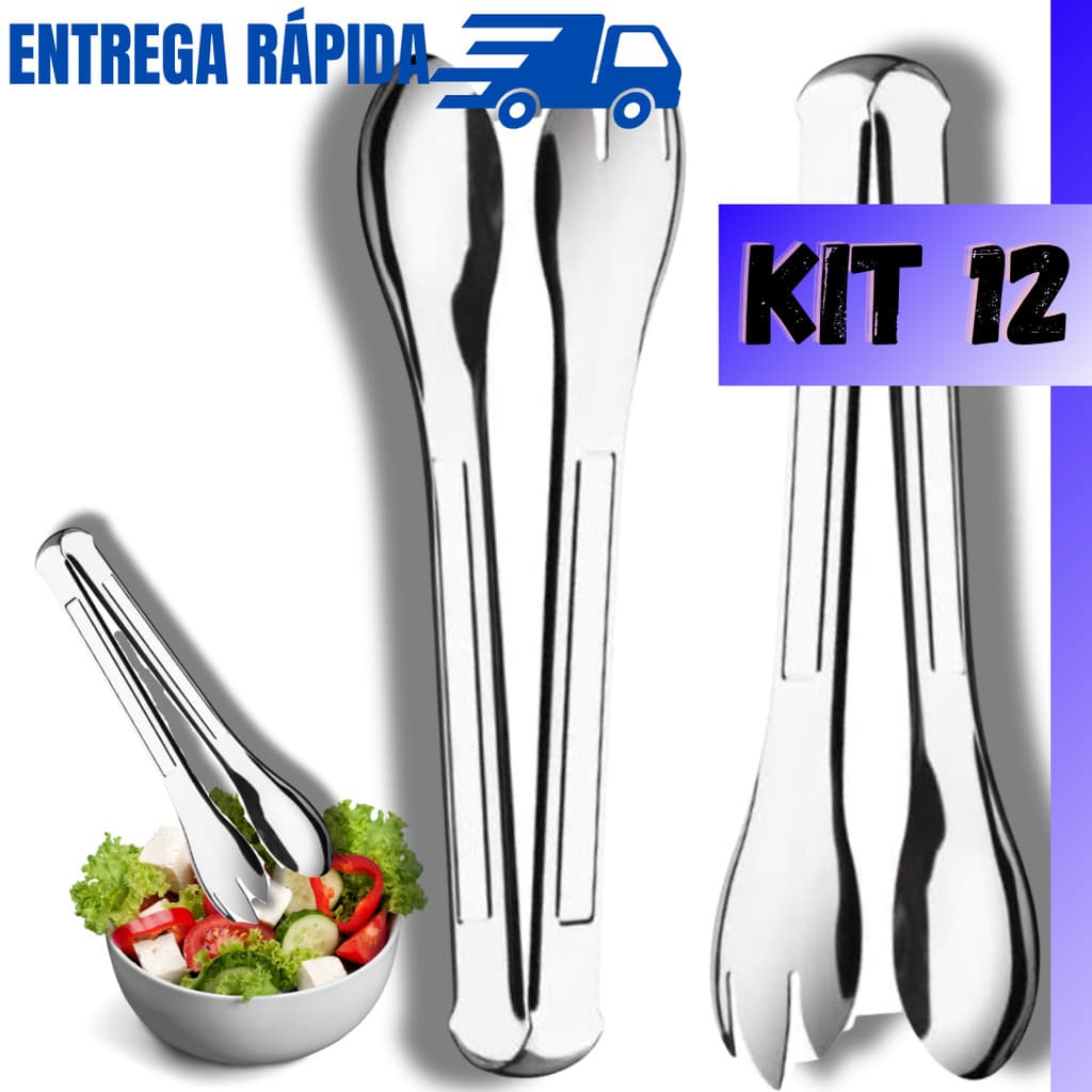 Kit 12 Pegadores Pinça Para Salada Jogo Massas Macarrão Multiuso Conjunto Completo Em Aço Inox