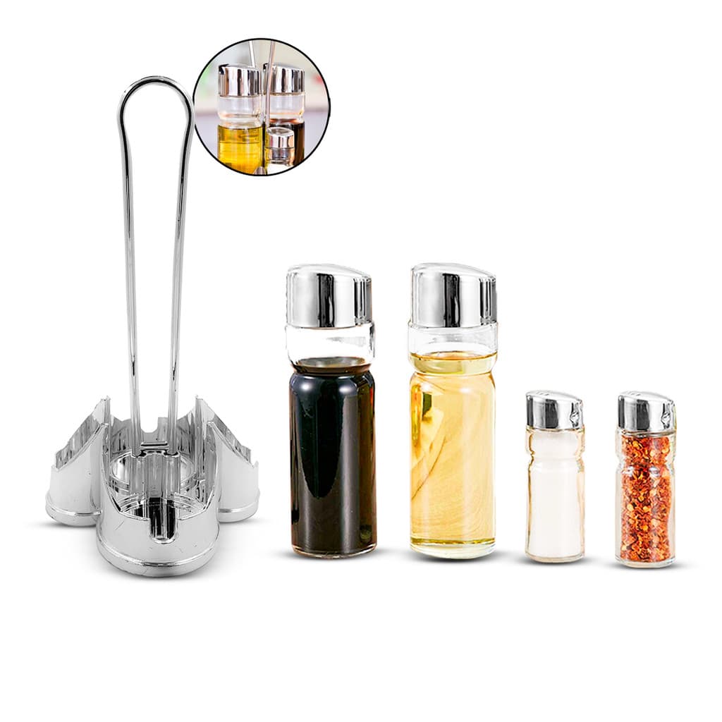 Kit Galheteiro 4 Peças Vidro com Suporte Aço Inox Temperos Sal Azeite Vinagre Pimenta