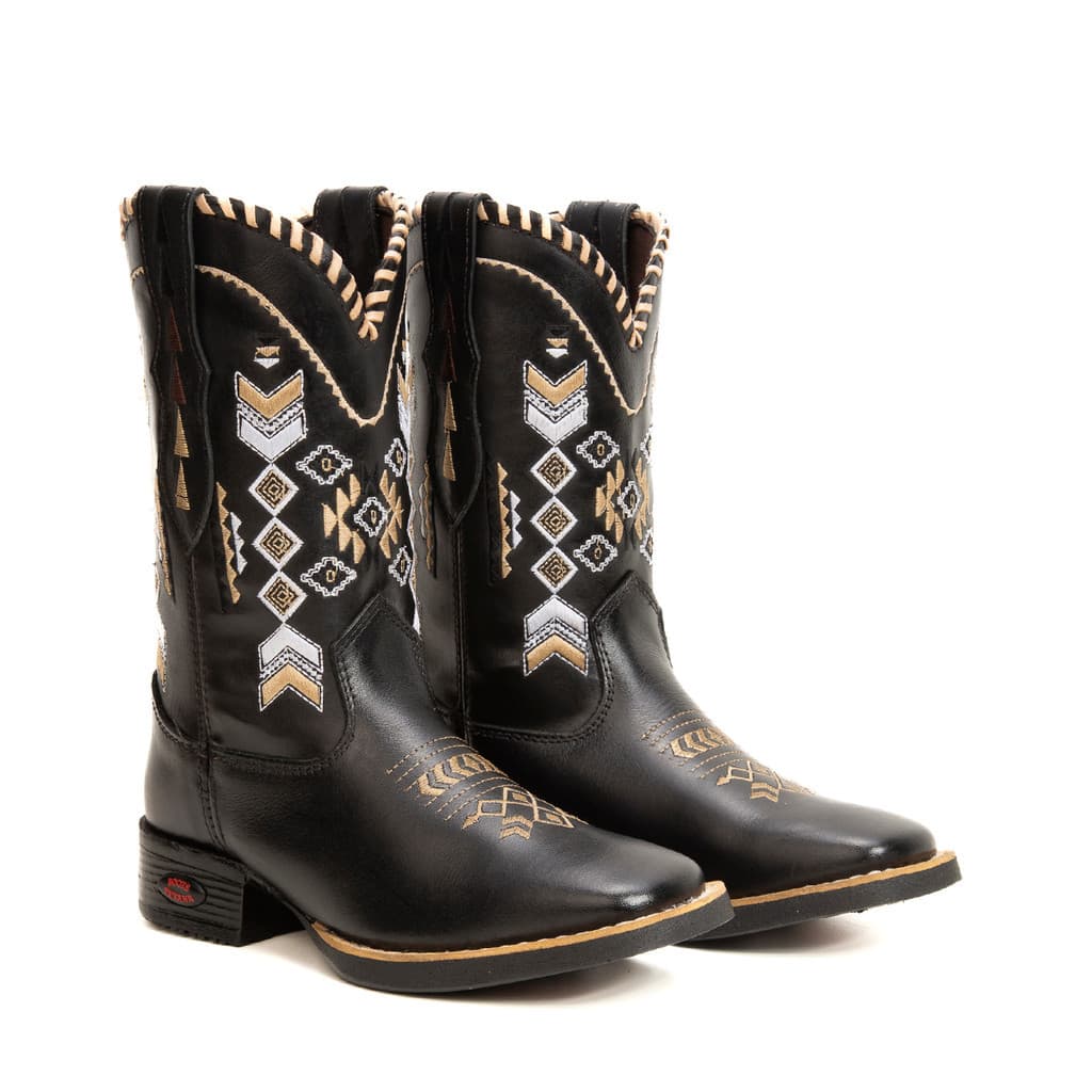 Bota Texana Preta Feminina Confortável de Couro Legítimo Mustang Cano Médio Estilo Country Original