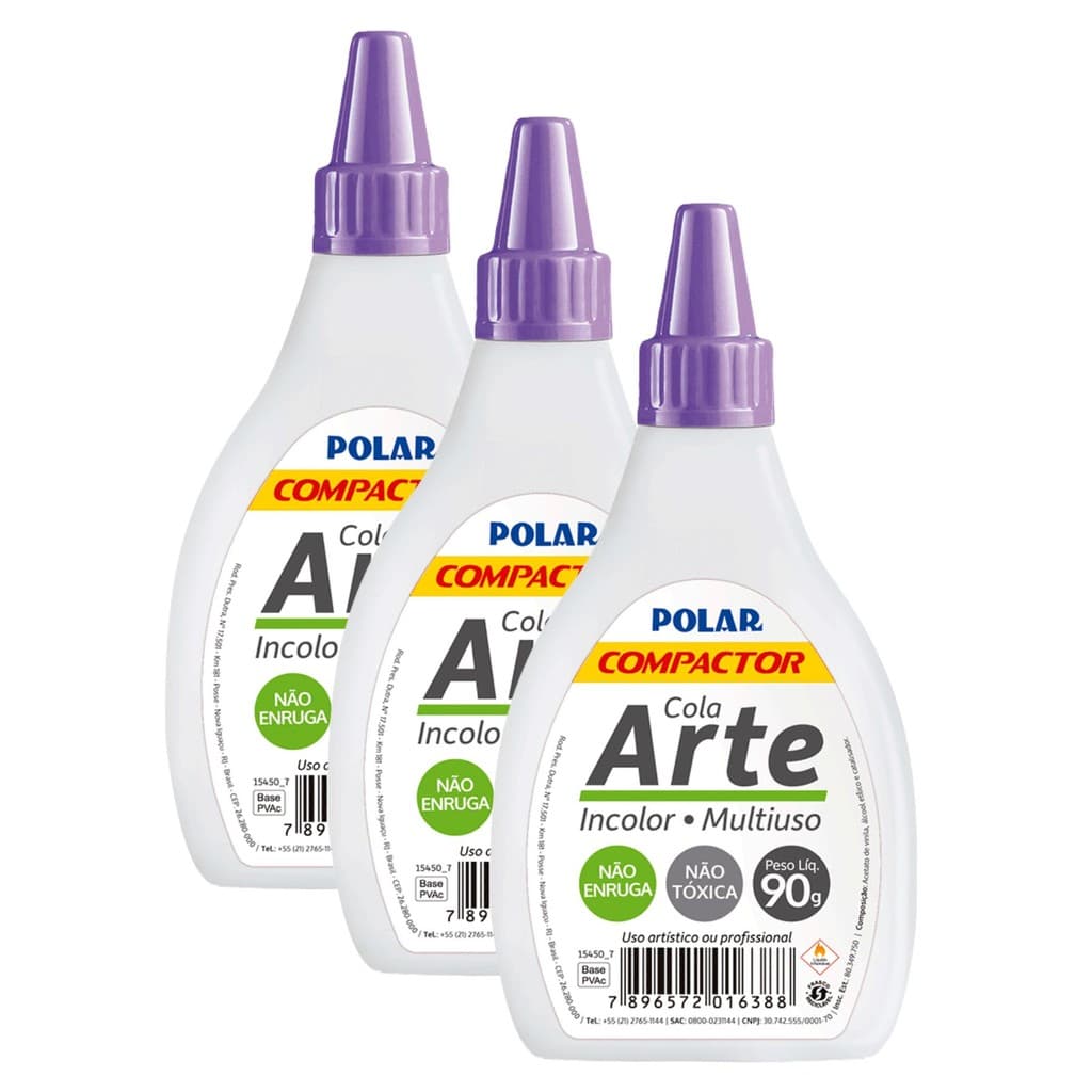 Kit 3 Cola Polar Arte 90g Multiuso Transparente Incolor Compactor