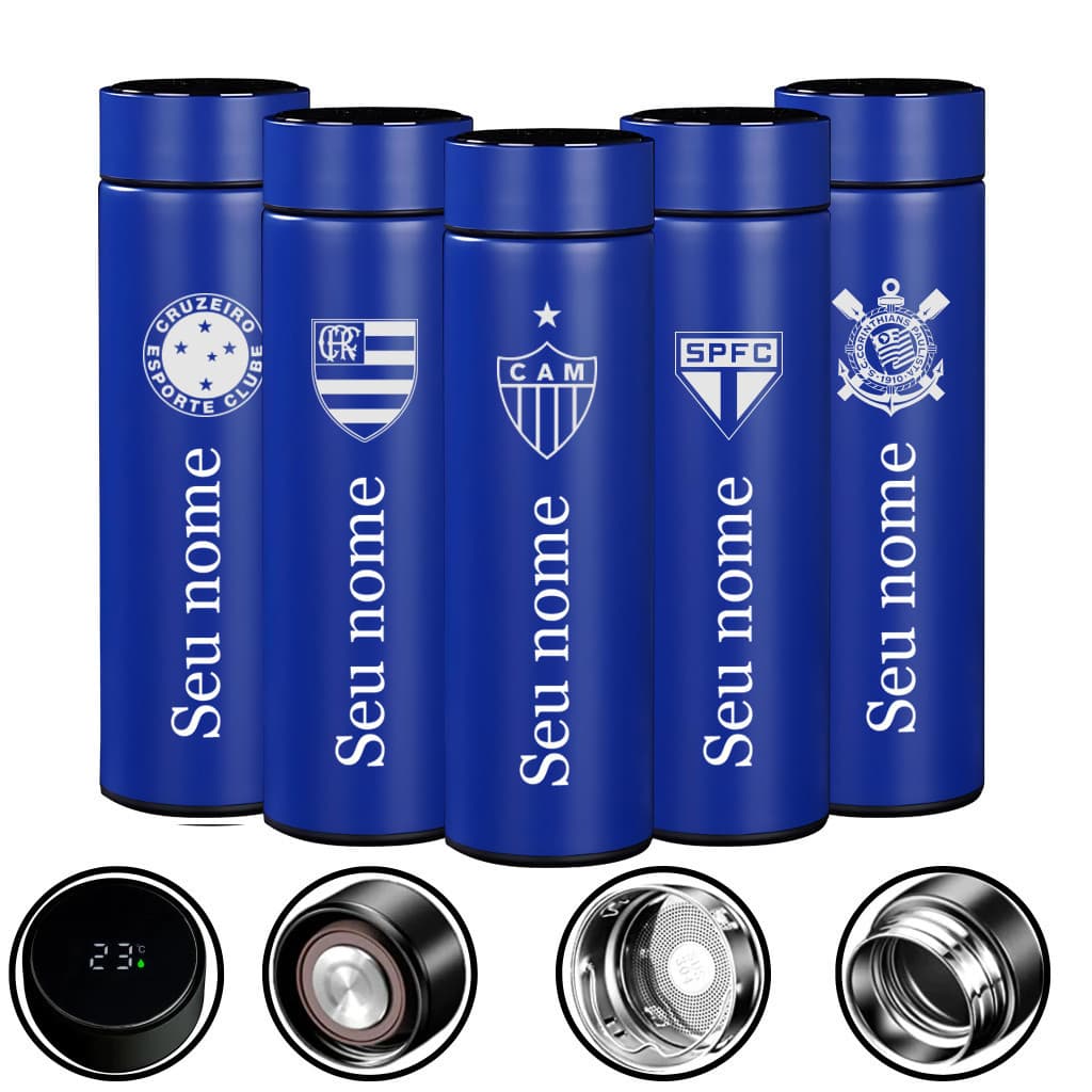 Garrafa Azul térmica a Digital Personalizada Todas as Time + Nome  + Nome 500 ML Inox