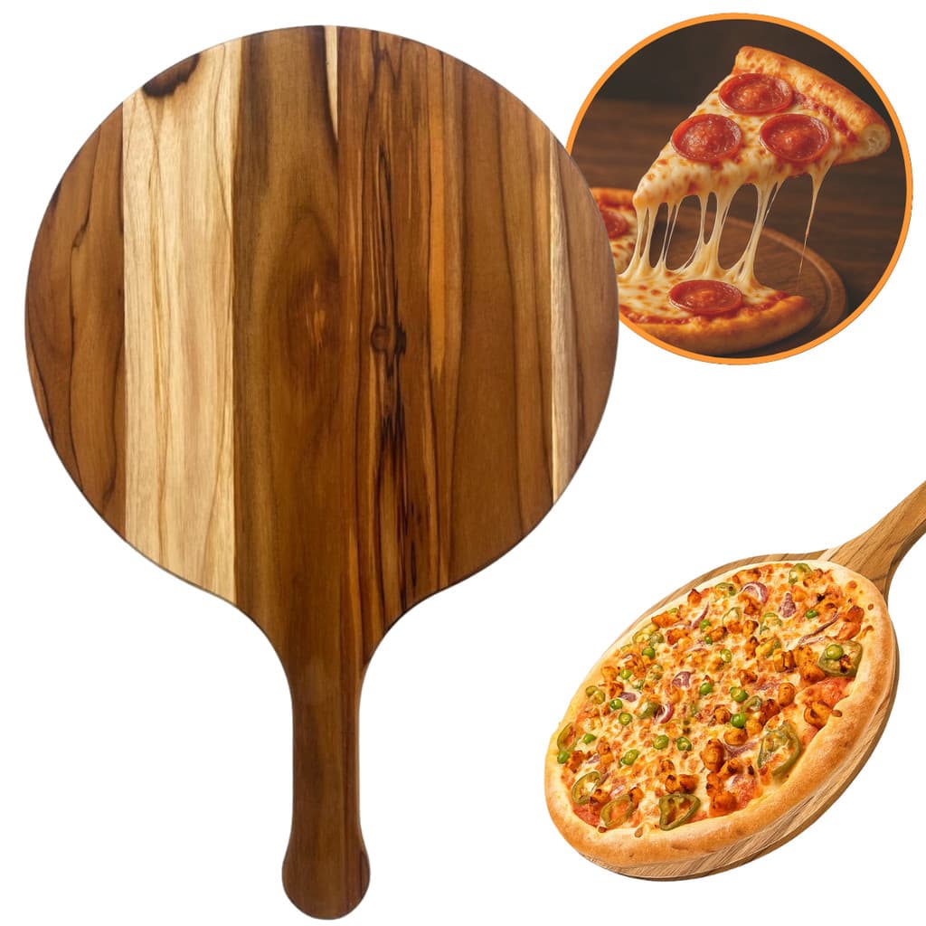 Tábua Em Madeira Teca Para Cortar e Servir Pizza 40Cm