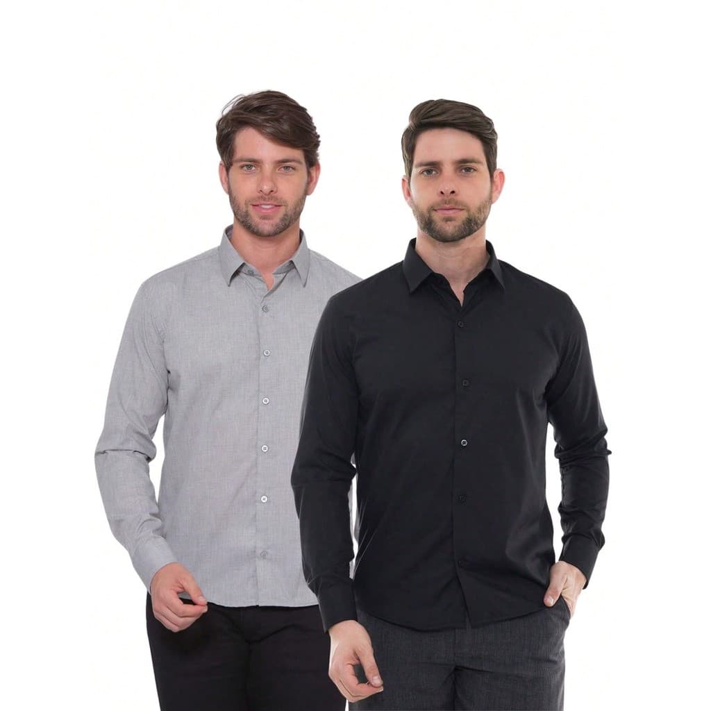 KIT Masculino 2 Peças - Camisa Social Masculina Premium Tipo Linho Smoke e Camisa Social Slim Manga Longa Preto