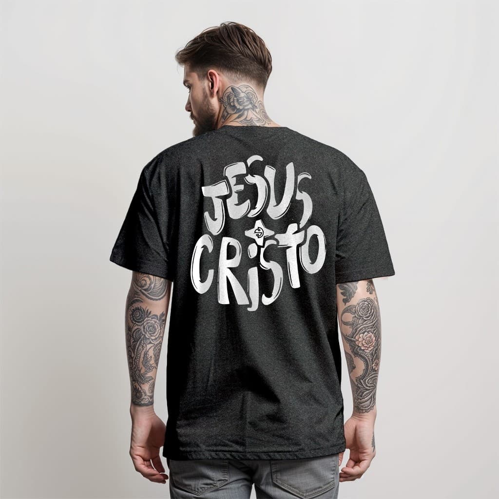 Camiseta Gospel Masculina Jesus Cristo - Estampa Grande Cristã nas Costas Preta