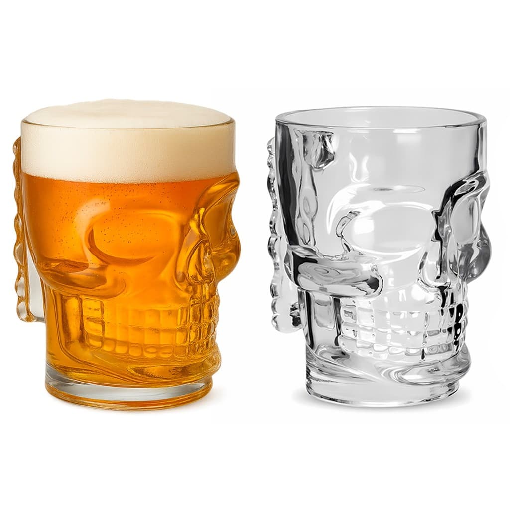 Kit 2 Canecas Caveira Vidro 510ml Com Alça Rock Chopp Cerveja Copo Resistente