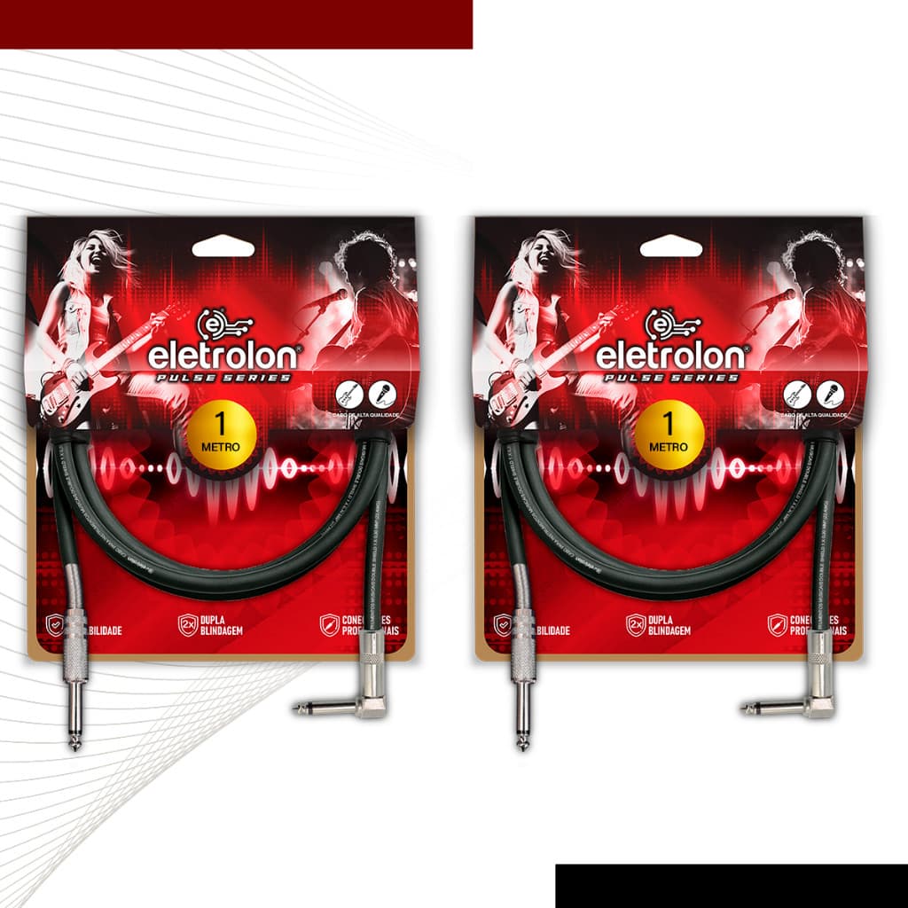 Kit 2 Cabo P10 Mono Para P10 Mono 90º Graus Violão Guitarra Baixo 1m Metro - Pulse Eletrolon