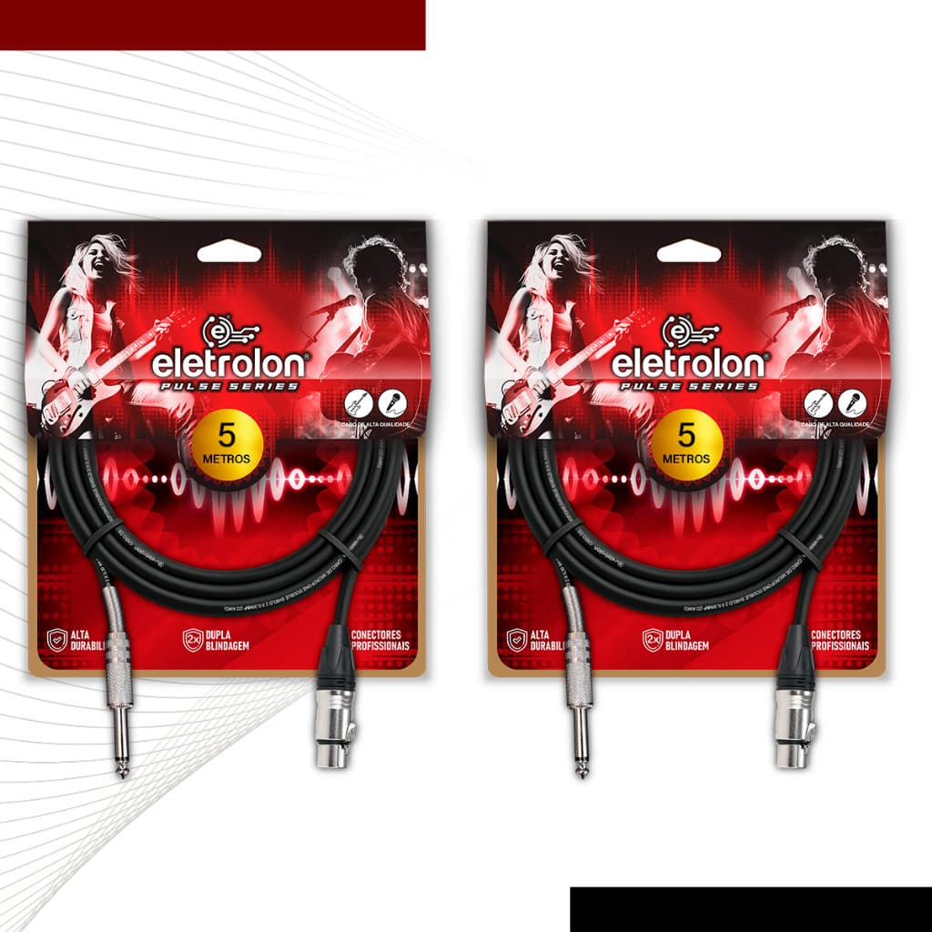 Kit 2 Cabo De Microfone P10 Mono Para Xlr Fêmea 5m Metros - Pulse Eletrolon