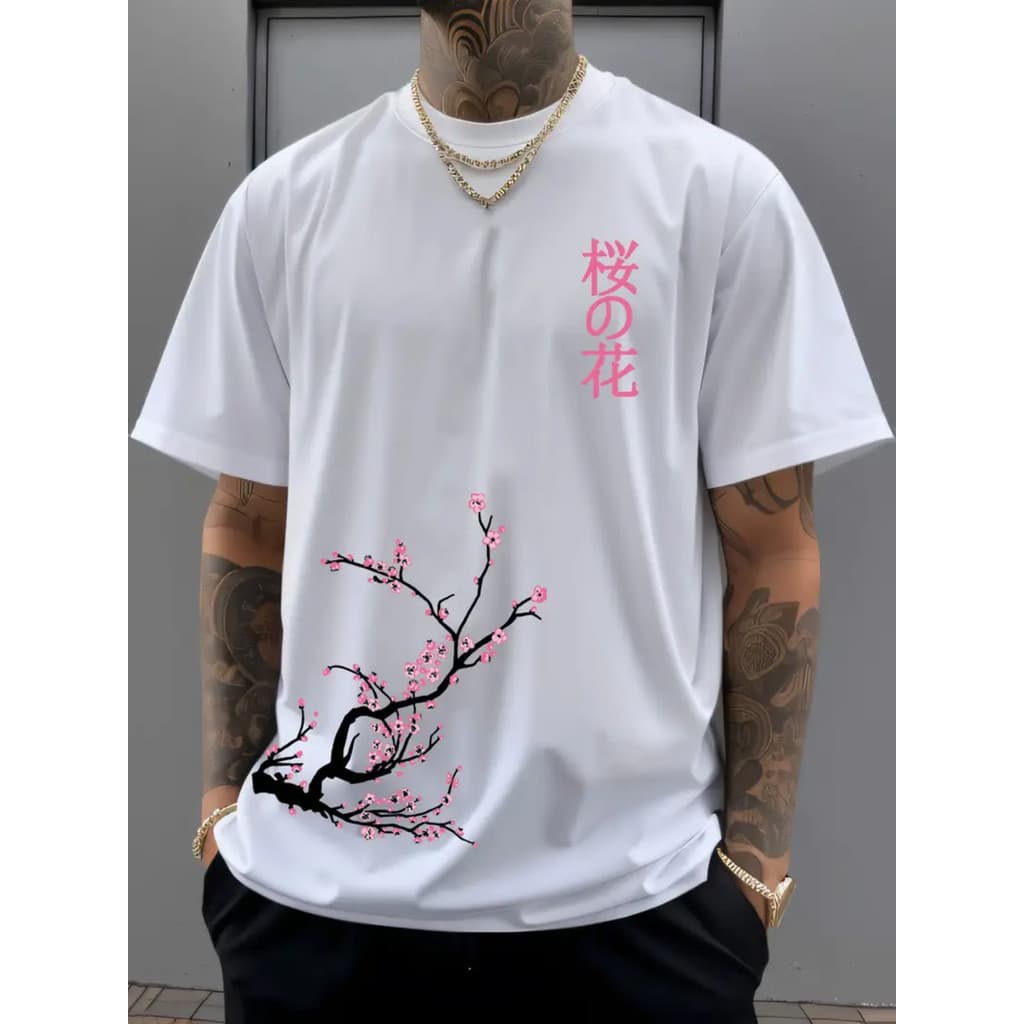 Camiseta Streetwear Masculina Oversized Cerejeira Japonêsa Camisa T-Shirt Malha 100% Algodão