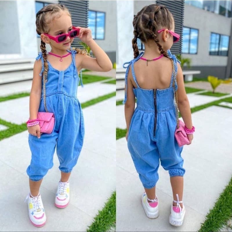 Macacão Balone Jardineira jeans infantil meninas blogueirinha.