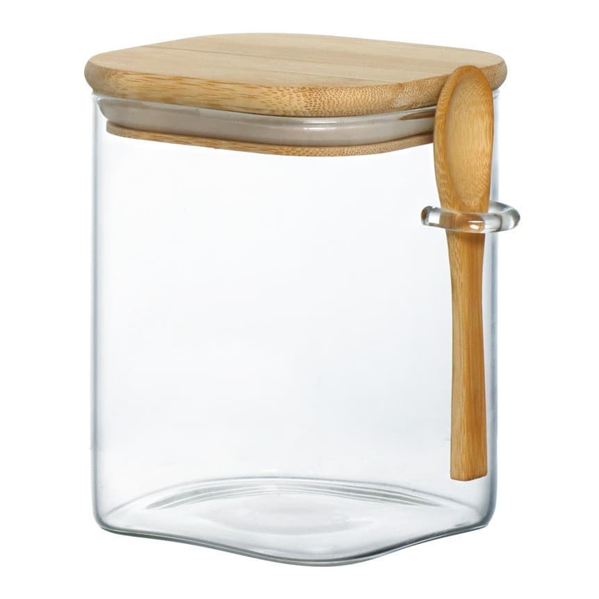 Pote de Vidro Hermetico Tampa Bambu Com Colher 950ML Quadrado 13cm