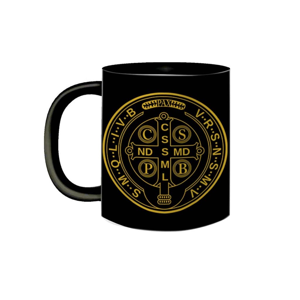 Caneca Preta Cristã Medalha da Cruz Sagrada de São Bento
