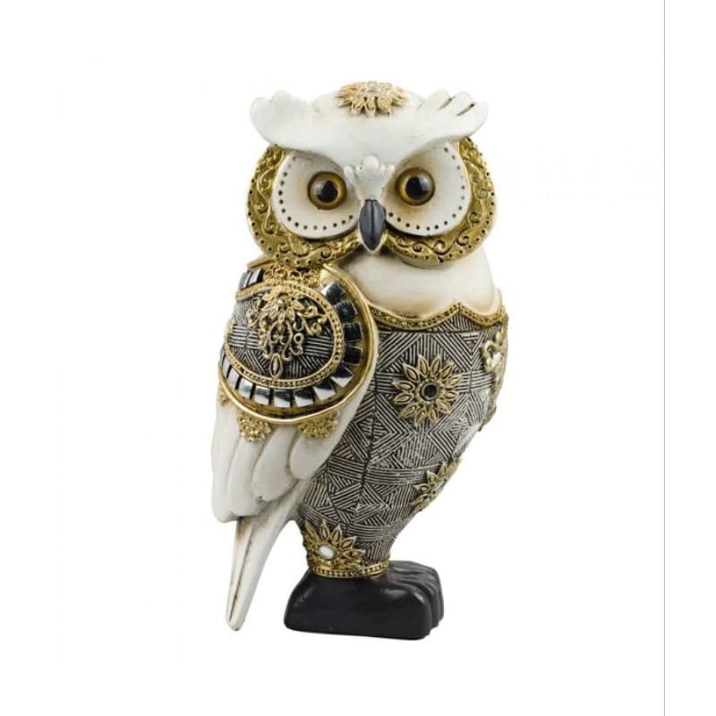 Coruja Branca Detalhes Dourado Prateado 17cm - Resina Animais