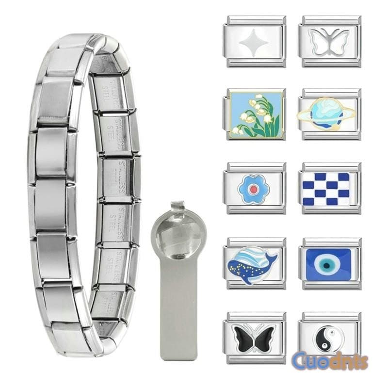 Moda Série Azul Italiano Charme Links Caber 9mm Pulseira De Aço Inoxidável Diy Jóias Fazendo Acessórios Retro Personalid