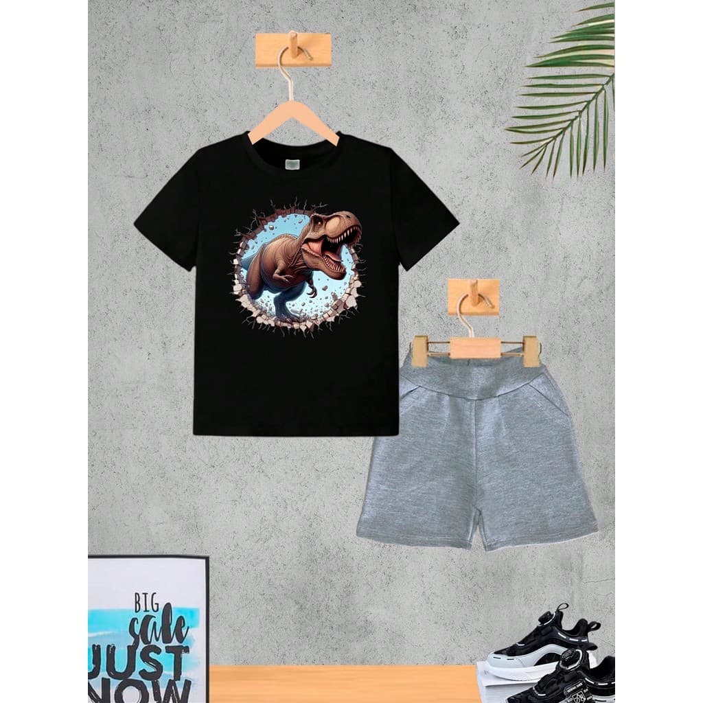Conjunto Infantil Cinza Dino 3D Novo Menino Camiseta e Bermuda Roupa Criança Masculino Verão