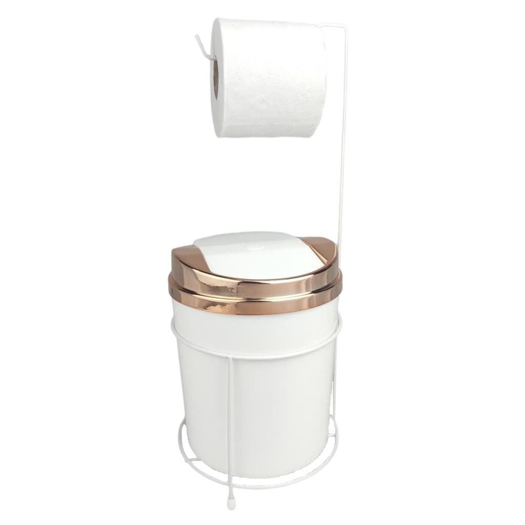 Kit Suporte Porta Papel Higiênico Lixeira 5L Cesto Lixo Tampa Basculante Banheiro Rose Gold Branco - Rotaplast