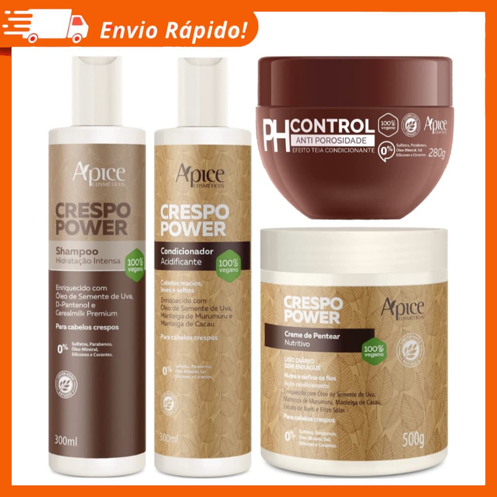 Kit Crespo Power Apse Shampoo, Condicionador, Creme Pentear e Máscara Ph Control Anti Porosidade