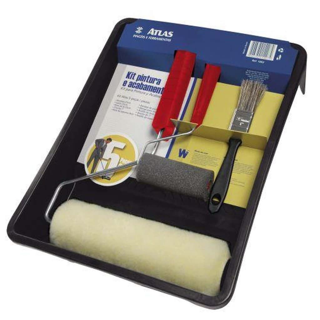 Kit Pintura 5 Peças 1002 Atlas Bandeja 23cm Rolo 23cm Lã Poliéster Rolo Espuma 9cm Pincel 1"