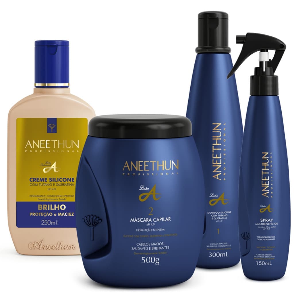 Kit Shampoo Máscara Spray e Creme de Silicone Linha A Aneethun Completo + BRINDE