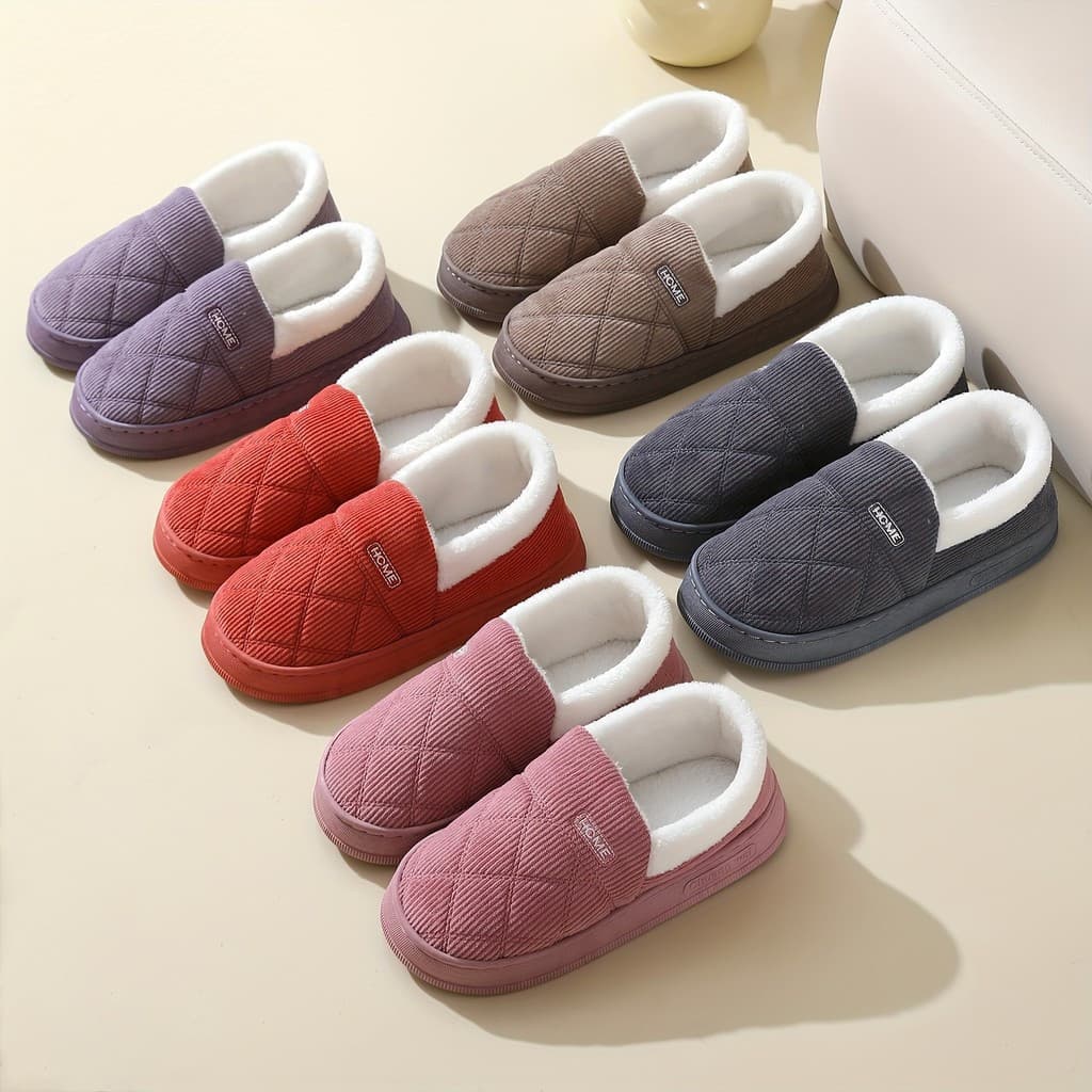 Chinelos quentes para casa feminina de inverno, forro de pelúcia de quarto com sola macia, sapatos de chão redondos anti