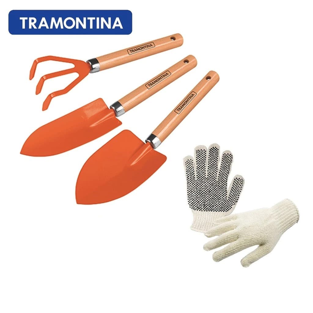 Conjunto para Jardinagem Peças Metálicas com Cabo de Madeira 3 Peças Tramontina + Luva de Segurança