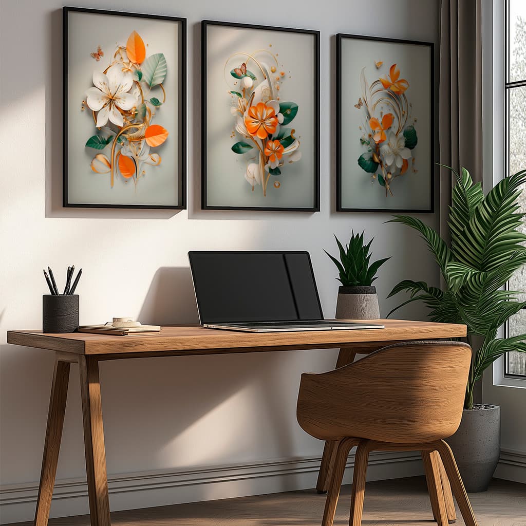 Kit 3 Quadros Quadro Decorativo Flores 3D Laranja Branco Folhagem Elegante Suave Luxo Com Moldura