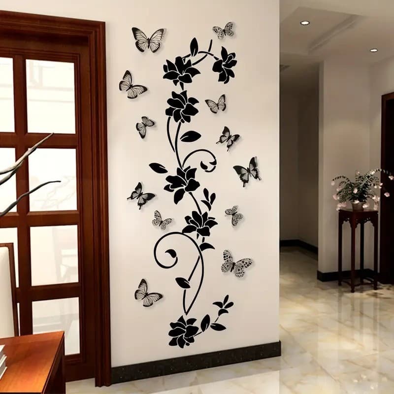 Adesivo de Parede 3D Flores e Borboletas Tamanhos de 8 a 32 cm Decoração Criativa Quarto Sala ou Escritório - FY800943