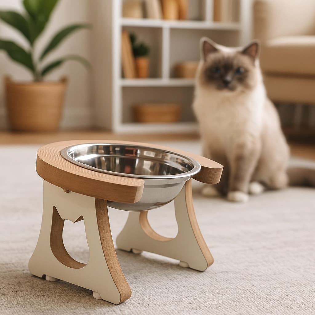 COMEDOURO ELEVADO PARA GATOS COM TIGELA INOX