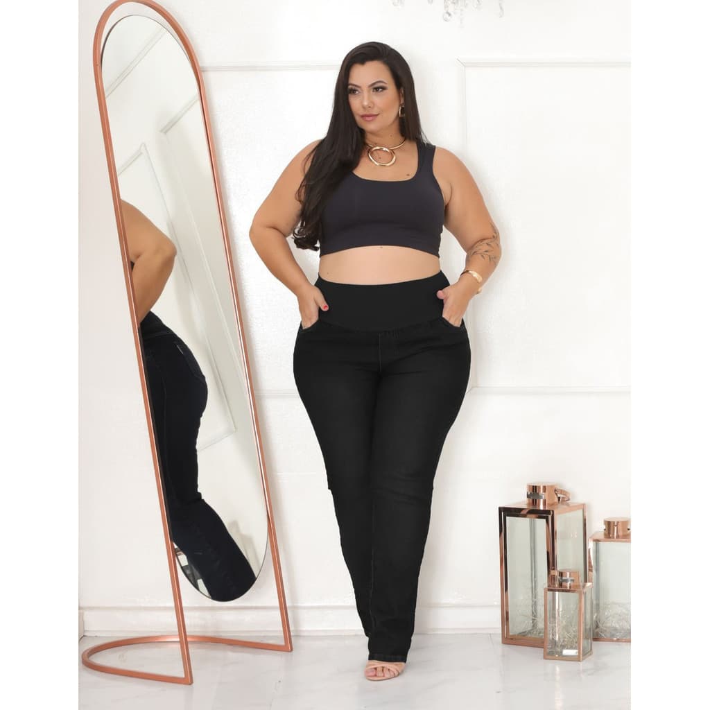 Calça Jeans Black Plus Size Gestante Cós Suplex Lycra Maternidade Confortável