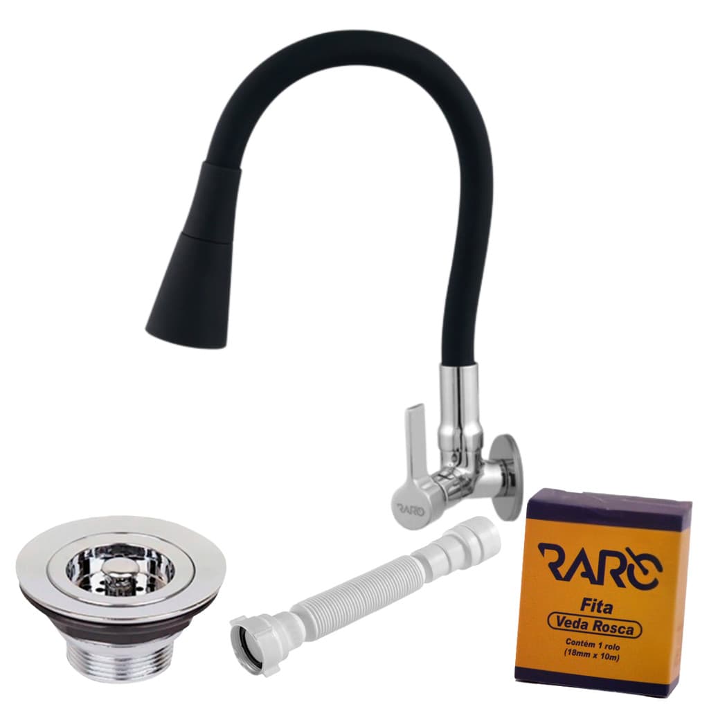 Kit Torneira Flex. Parede 1204 + Valvula Metal + Sifão + Veda Rosca