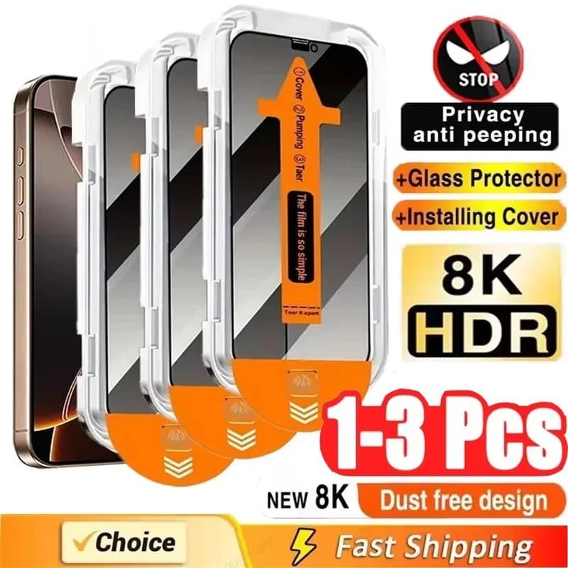 3 Películas Protetoras De Vidro Temperado À Prova De Poeira E Privacidade Para IPhone 17 16 15 14 13 12 11 Pro Max