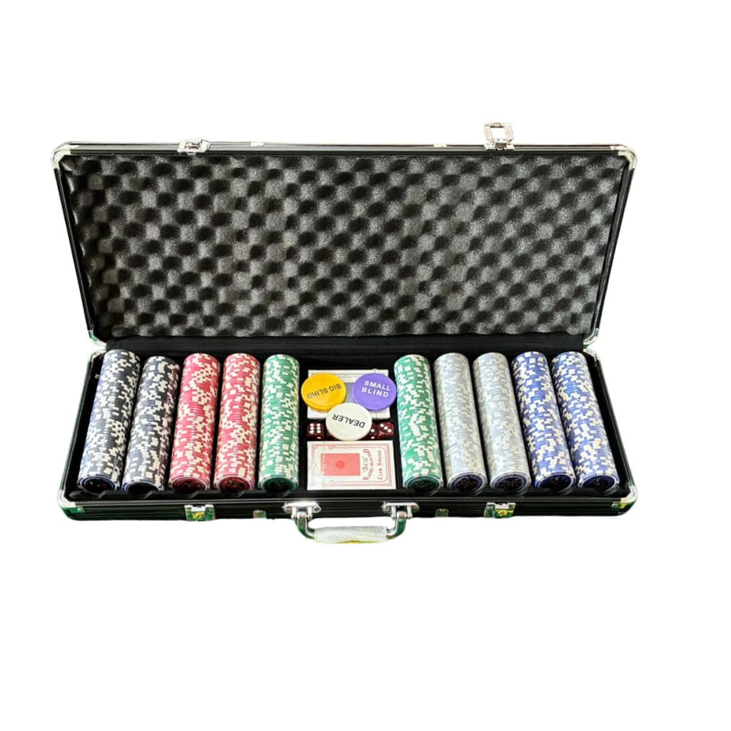 Maleta de Poker 500 Fichas Luxo C/Numeração C/Tapete Com Chave 2 Baralhos 5 Dados Pôquer